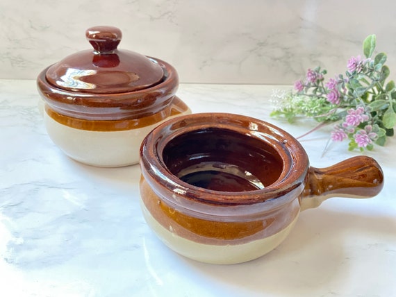 Vintage Stoneware Cream and Brown Soup Bowl Set 