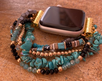 Turquoise Apple Watch Band, Gold Stacked Bracelet, Beaded Jewelry