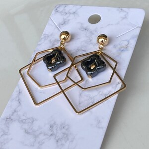Black and gold geometric dangles, shiny earrings, gold studs