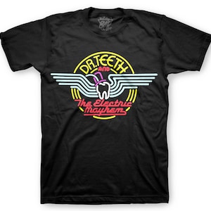 May include: Black t-shirt with a neon sign design featuring a tooth with a top hat and the text "Dr. Teeth and the Electric Mayhem."