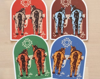 May include: Four colourful stickers featuring a pair of horses looking back at the viewer. Each sticker has a sun and a green field. The horses are brown, blue, orange, and white.