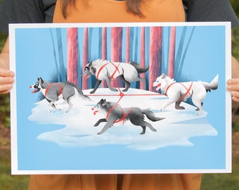 Winter Sled Dog Husky Illustration art, Husky Gift, Gift for dog mom,