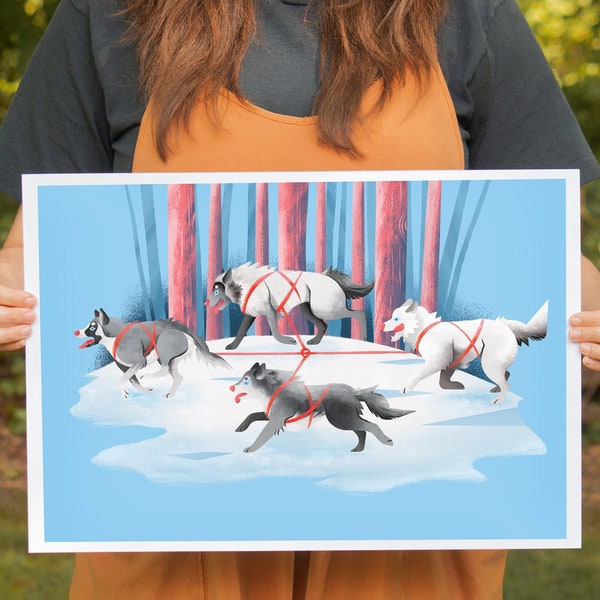 Winter Schlittenhund Husky Illustration Kunst, Husky Geschenk, Geschenk für Hundemama,