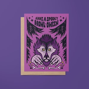 Tarjeta de felicitación de Halloween de hombre lobo, tarjeta de feliz halloween, sobre incluido