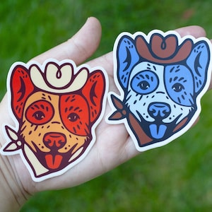 Cowboy sticker veehond, rode Heeler sticker blauwe Heeler, sticker western cowboyhond