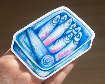 Pegatina de lata de sardinas con acuarela: Arte de peces pastel
