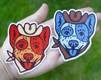 Cattle dog cowboy sticker, Red Heeler Blue Heeler sticker, western cowboy dog sticker