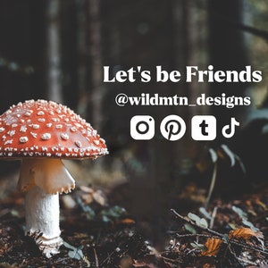 Puede incluir: Un hongo rojo y blanco con manchas blancas que crece en un bosque oscuro. El texto "Let's be Friends @wildmtn_designs" est&aacute; sobre el hongo. Los iconos de redes sociales para Instagram, Pinterest, Twitter y TikTok est&aacute;n debajo del texto.