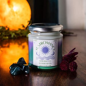Flower Moon | May Birthstone Crystal- Moss Agate | Highland Heather Scented Soy Wax Candle | Handcrafted Home Decor
