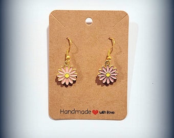 Gold & Pink 'Daisy' Earrings with Gold Plated Hooks, Pillow Gift Box, Birthday Gift, Free Postage UK