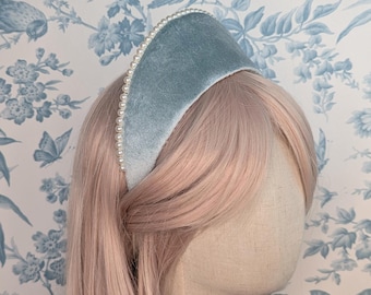Powder Blue Velvet Pearl Kokoshnik: Anne Boleyn Tudor French Hood