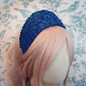 Sapphire Blue Lace Kokoshnik French Hood Renaissance Fantasy Wreath Tiara Hair Accessory