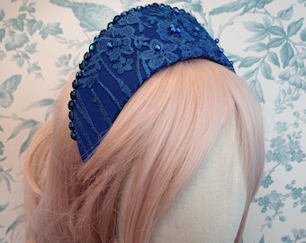 Sapphire Blue Lace Kokoshnik French Hood Renaissance Fantasy Wreath Tiara Hair Accessory