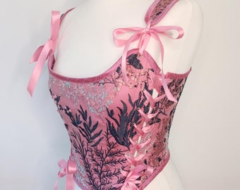Corsé renacentista rosa oscuro personalizado, corpiño de encaje rosa vintage del siglo XVIII