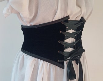 Small Black Velvet Underbust Corset Belt Front Lacing Renaissance Costume