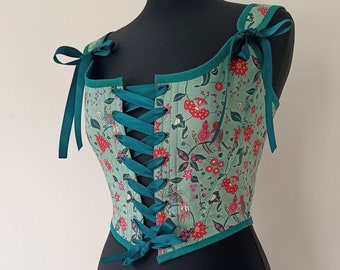 Small Teal Renaissance Corset Stays 18th Century Botanicals Bodice