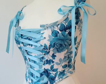 Small Vintage Blue Floral Corset Stays 18th Century Renaissance Bodice