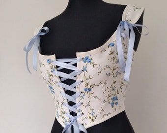 18th Century Rococo Corset Stays Light Renaissance Bodice in Ivory and Blue Flowers