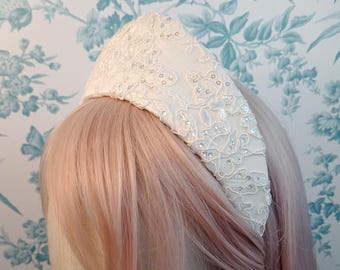 Ivory Lace Pointed Kokoshnik French Hood Renaissance Wreath Tiara Wedding Hair Accessory