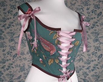 Custom Teal Renaissance Stays Corset 18th Century Costume Birds and Flowers Bodice