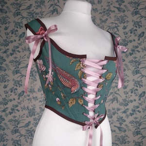 Custom Teal Renaissance Stays Corset 18th Century Costume Birds and Flowers Bodice