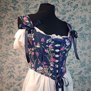 Custom Botanicals Corset Stays 18th Century Renaissance Costume Navy Blue and Purple Bodice