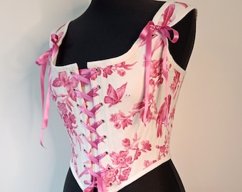 Custom Renaissance Corset Stays 18th Century Toile De Jouy Raspberry Pink Costume Bodice