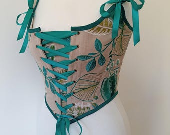Corpiño de traje con corpiño de lino bordado del siglo XVIII con tirantes renacentistas botánicos verde esmeralda