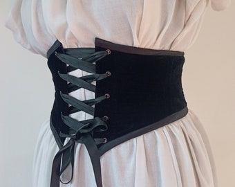 Black Velvet Underbust Corset Belt Front Lacing Renaissance Costume