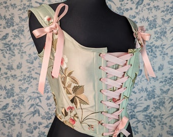 Small Sage Green Renaissance Stays Corset Silk Floral Costume