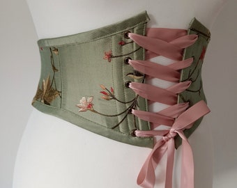 Sage Green Floral Silk Corset Belt Front Lacing Renaissance Costume Underbust Corset Belt Fearne