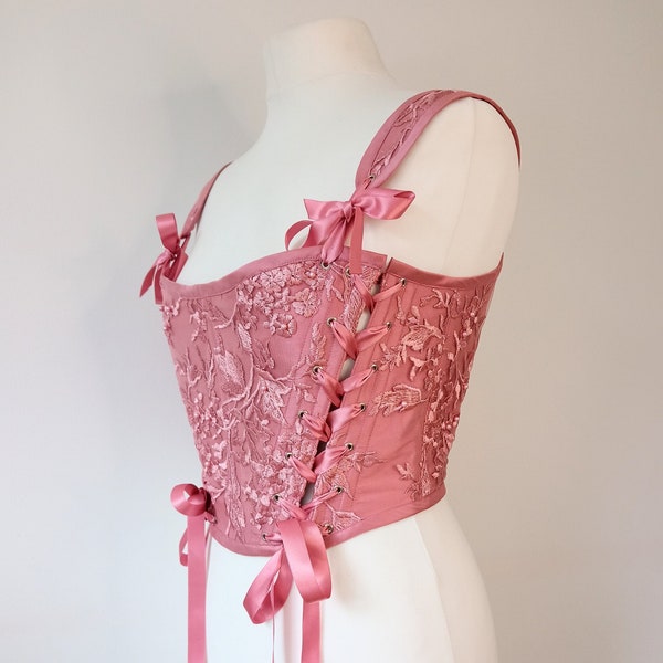 Corset Renaissance rose mauve, corsage en dentelle rose vintage du XVIIIe siècle