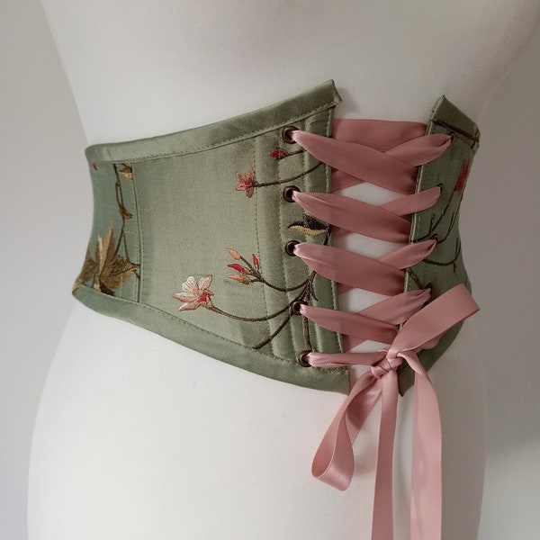 Sage Green Floral Silk Corset Belt Front Lacing Renaissance Costume Underbust Corset Belt Fearne