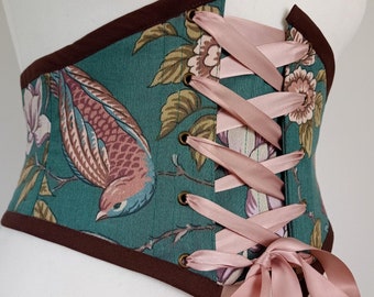 Corsé renacentista pequeño verde azulado, traje del siglo XVIII, corpiño bajo el busto con pájaros y flores