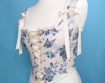 Custom Blue Bird Toile De Jouy Renaissance Corset 18th Century Stays Costume Bodice