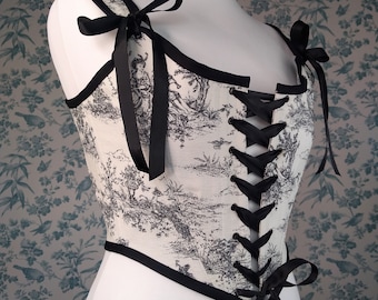 Small Toile De Jouy Renaissance Corset 18th Century Half Stays Costume Bodice In Black and Ivory