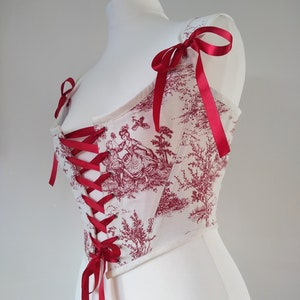 18th Century Toile de Jouy Corset Stays Light Renaissance Rococo Bodice in Ivory and Red