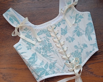 Custom Pastel Blue Toile De Jouy Renaissance Corset 18th Century Half Stays Costume Bodice