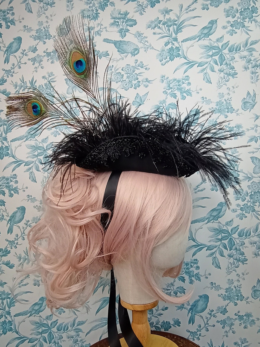 Black Mini Tricorn Hat Peacock Feathers Gothic Rococo Feather Hair