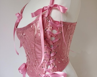 Small Mauve Pink Renaissance Corset Stays 18th Century Vintage Rose Lace Bodice