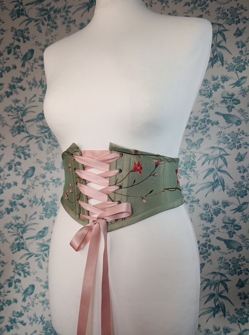 Sage Green Floral Silk Corset Belt Front Lacing Renaissance Etsy