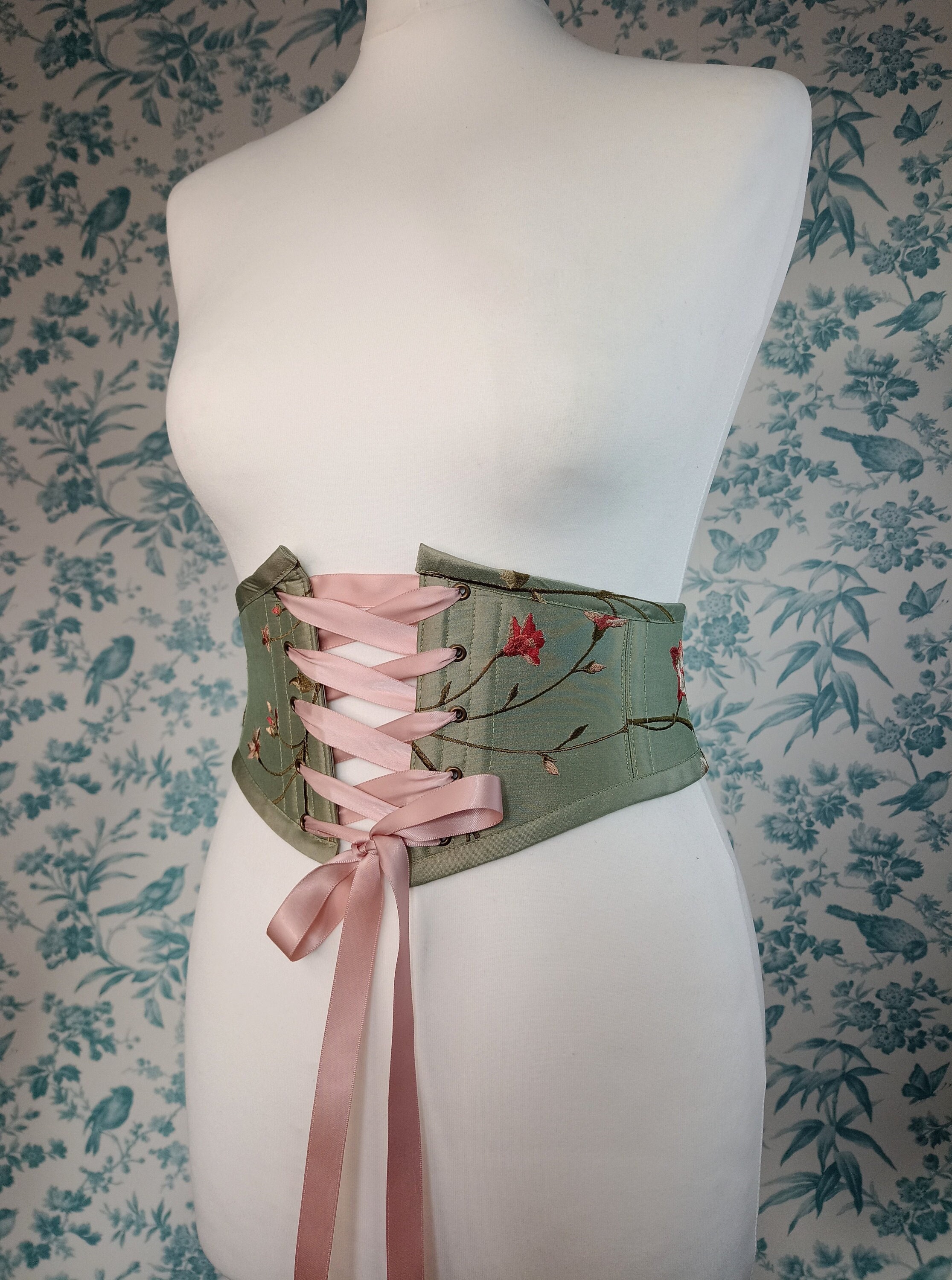 Sage Green Floral Silk Corset Belt Front Lacing Renaissance Etsy UK