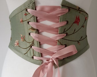 Sage Green Floral Silk Corset Belt Front Lacing Renaissance  display picture 2