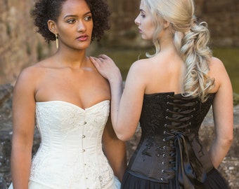 Ivory and Black Same Sex Wedding Dresses Lace Corset and Tulle Bridal Gowns