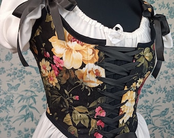 Small Black Renaissance Corset Stays 18th Century Costume Floral Vintage Bodice Modesty Panel
