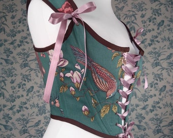 Corsé renacentista pequeño en verde azulado, traje del siglo XVIII, corpiño con pájaros y flores