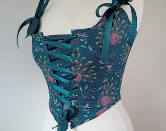 Teal Peacock Renaissance Corset Stays 18th Century Costume Bodice