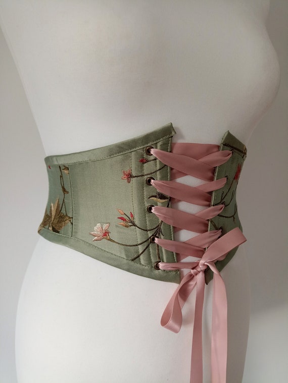 Sage Green Floral Lace Corset Suspender Thong