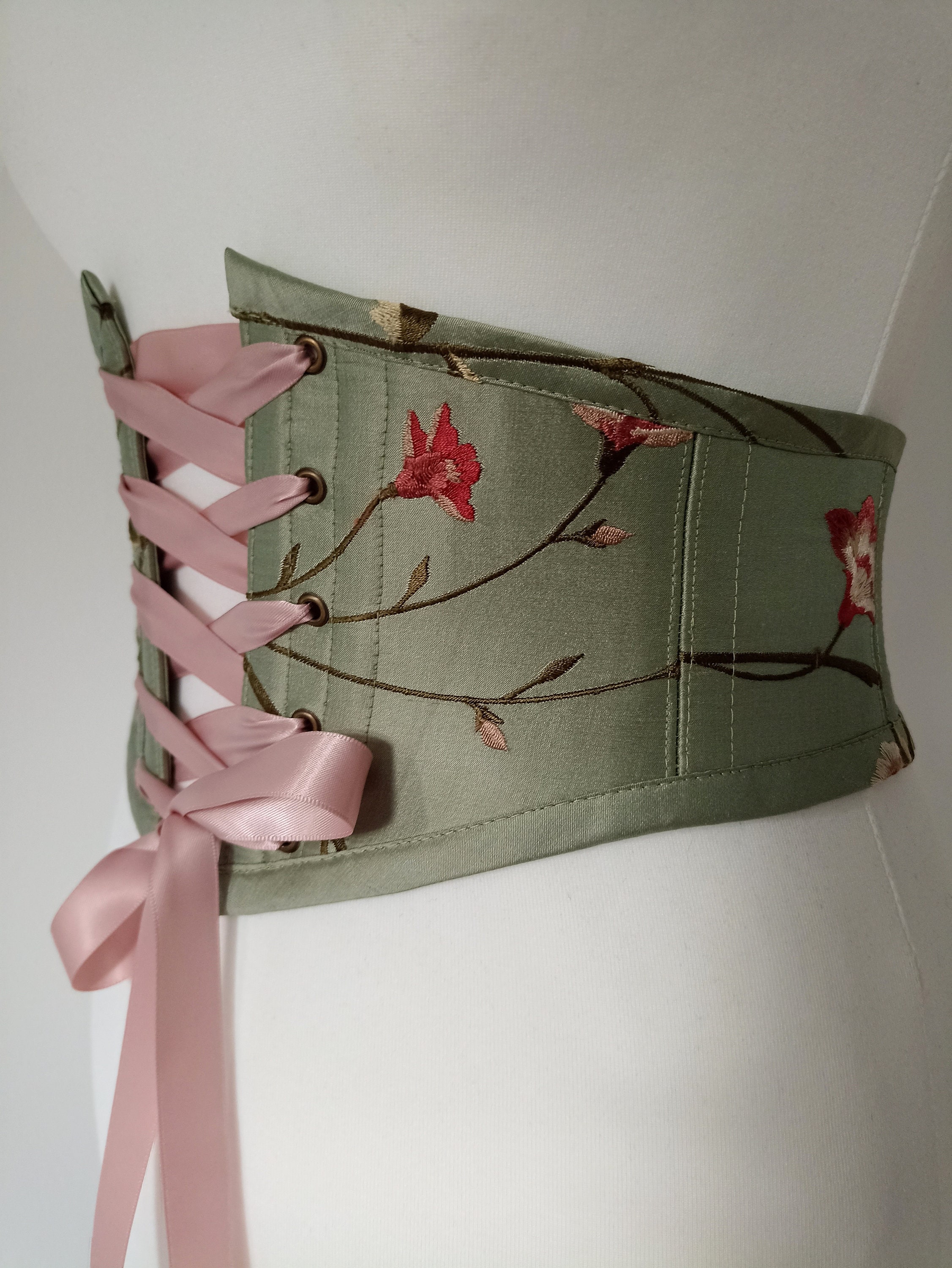 Sage Green Floral Silk Corset Belt Front Lacing Renaissance Etsy UK