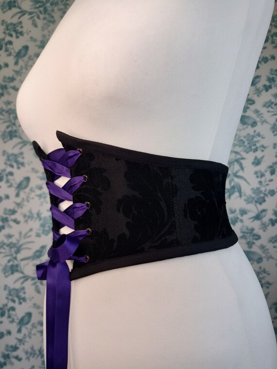 Small Black Velvet Damask Corset Belt Front Lacing Renaissance